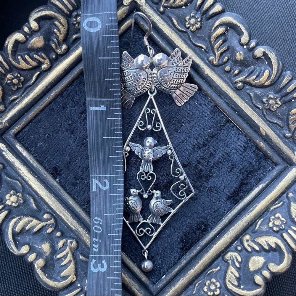 Mexican Sterling Silver Filigree Bird Earrings 925 - Picture 3 of 7